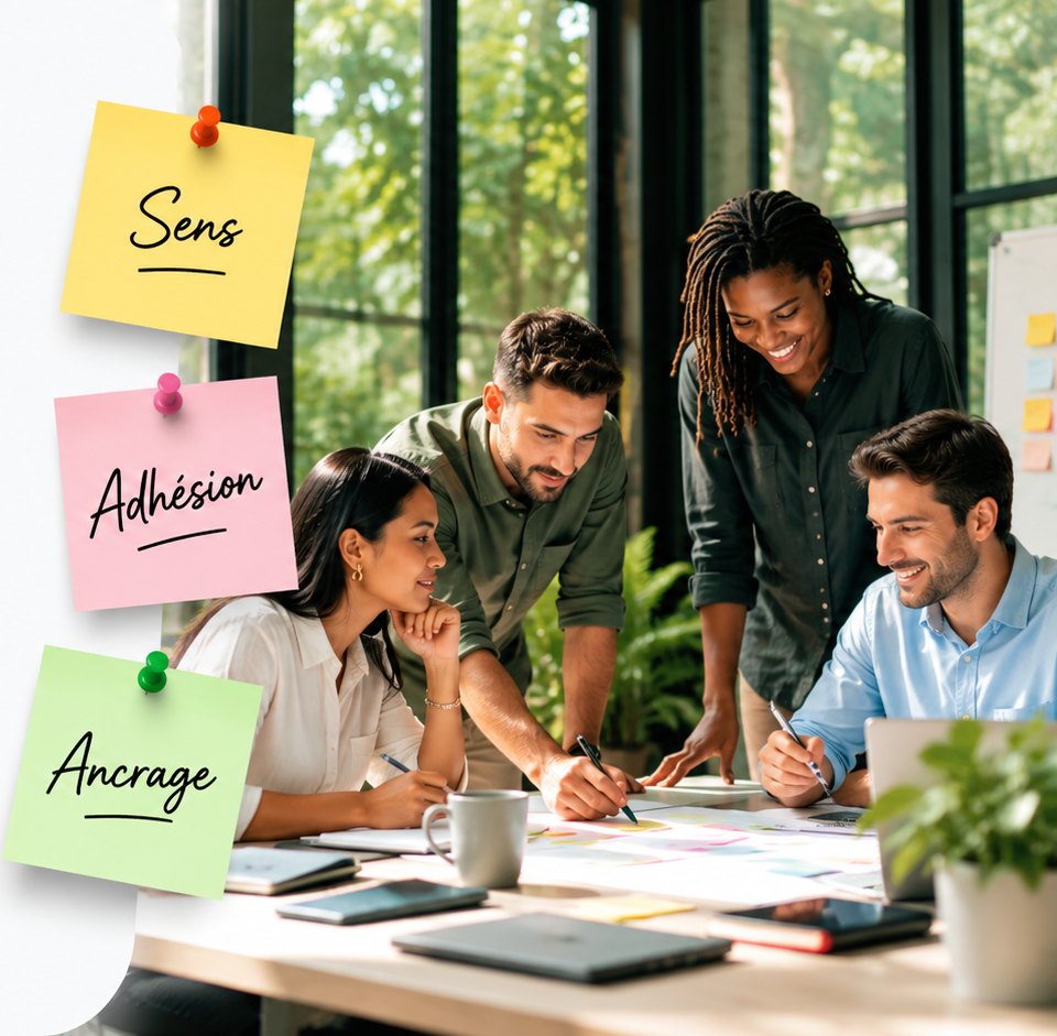 Atelier de co-construction : une équipe autour d'une table, avec trois post-it Sens, Adhésion, Ancrage